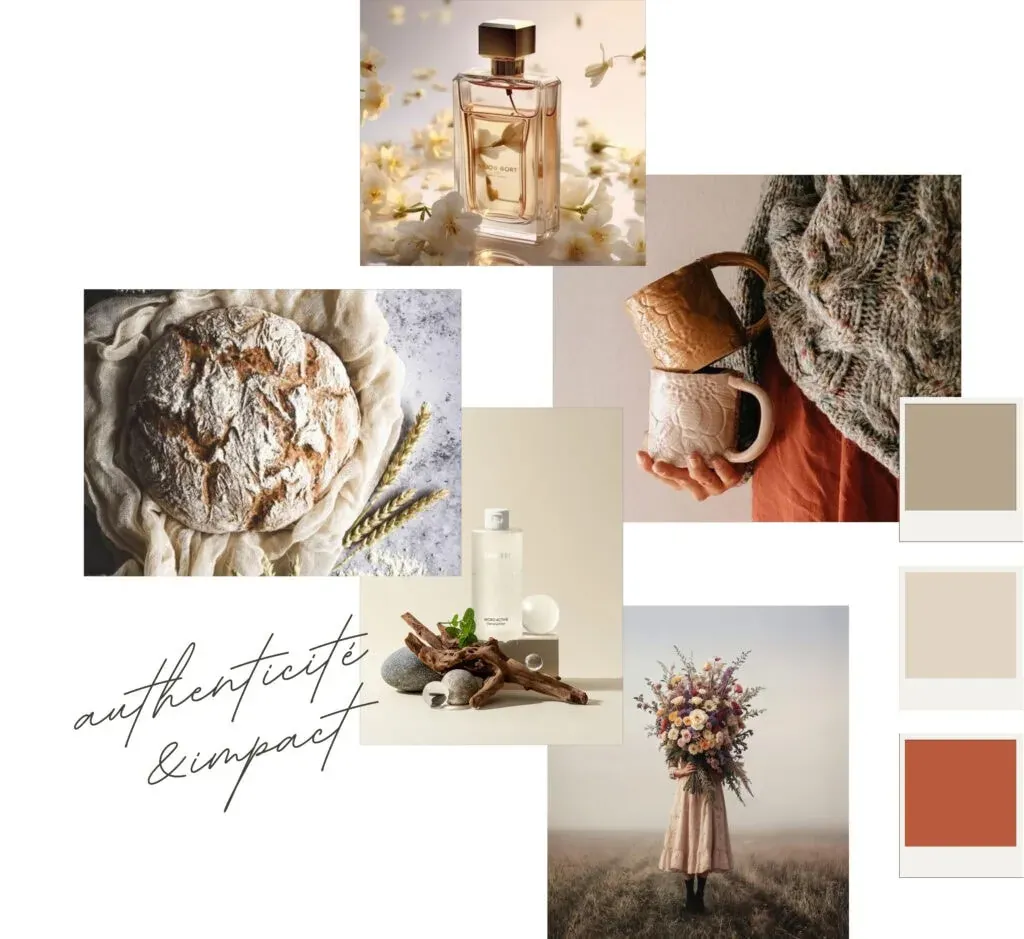 Planche d'inspiration : pain, fleurs, parfum et tasses en céramique, avec la mention « authenticité & impact » et une palette sable et terracotta