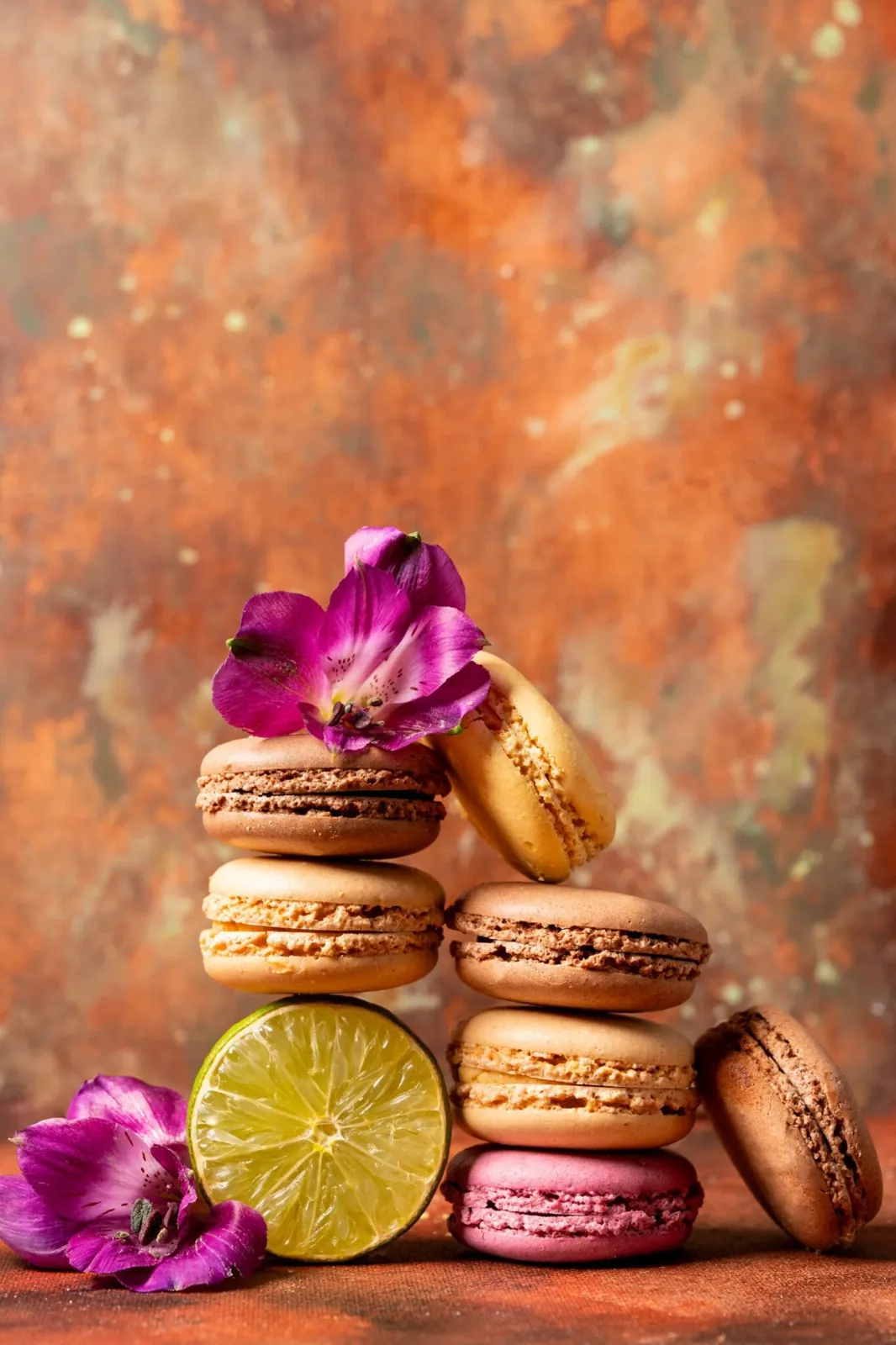 Pile de macarons et fleurs, photographie culinaire